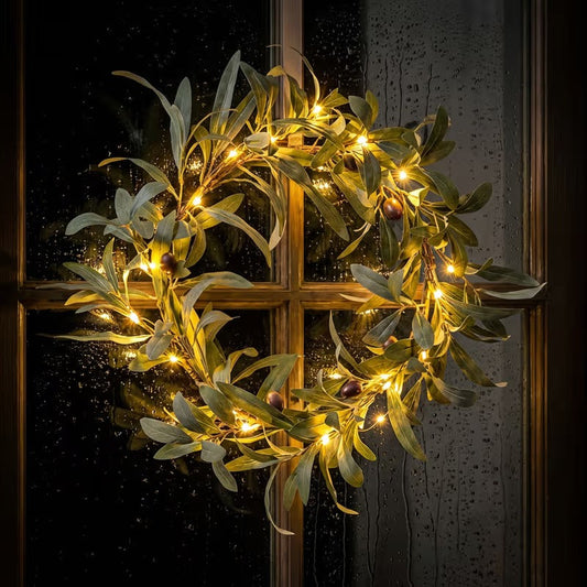 Charming Olive Leaf Wreath with Soft Glow for Home Decor