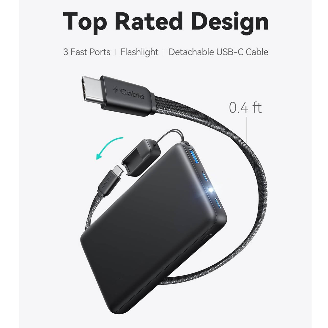 10,000mAh Power Bank with 45W Rapid Charge and Integrated Cable