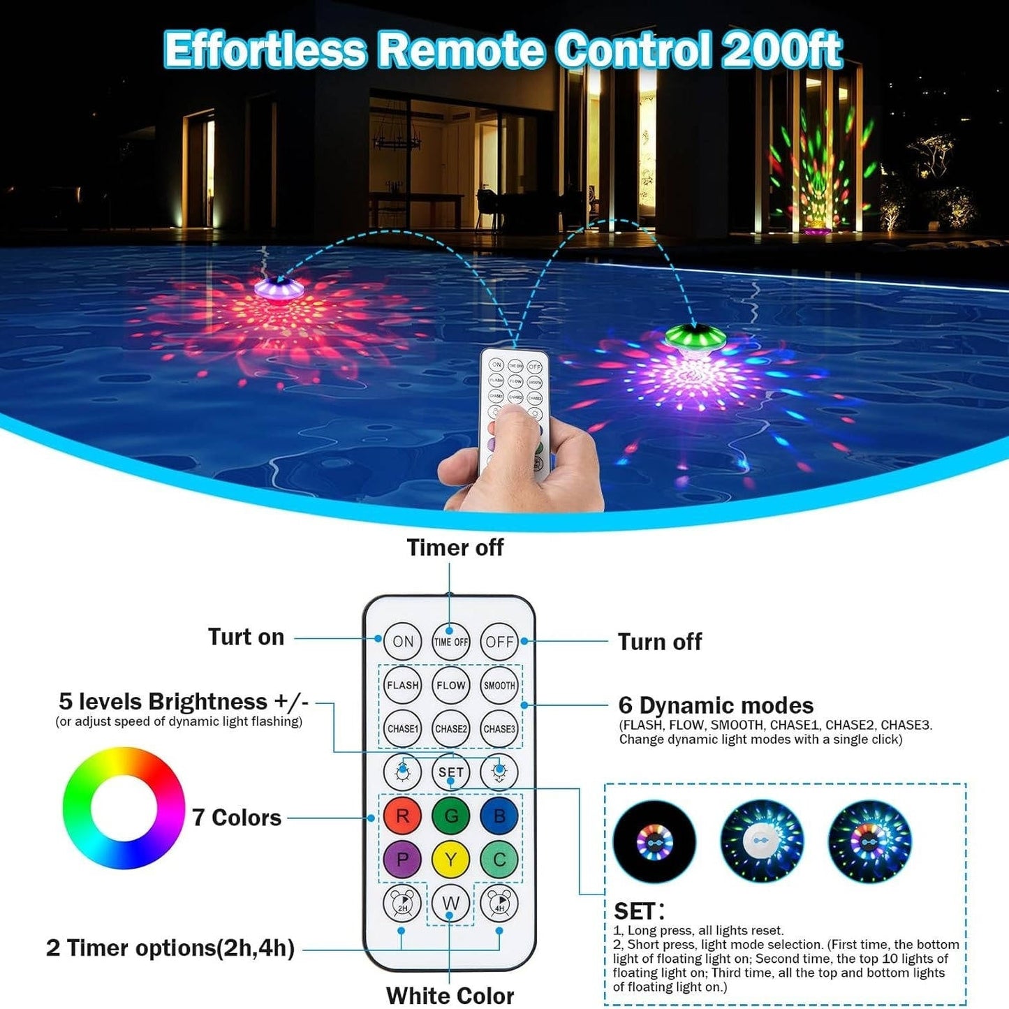 Wireless Floating Pool Illumination Set with Remote Control, 2 Pack
