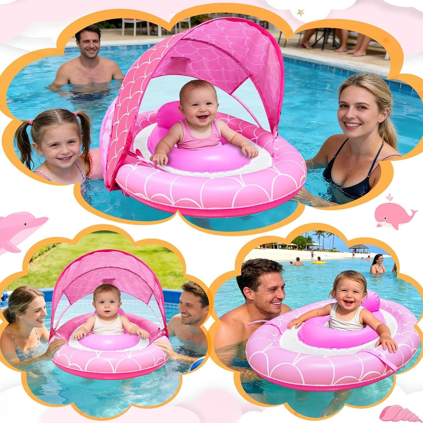 Infant Water Float with Adjustable Shade Canopy and Secure Base