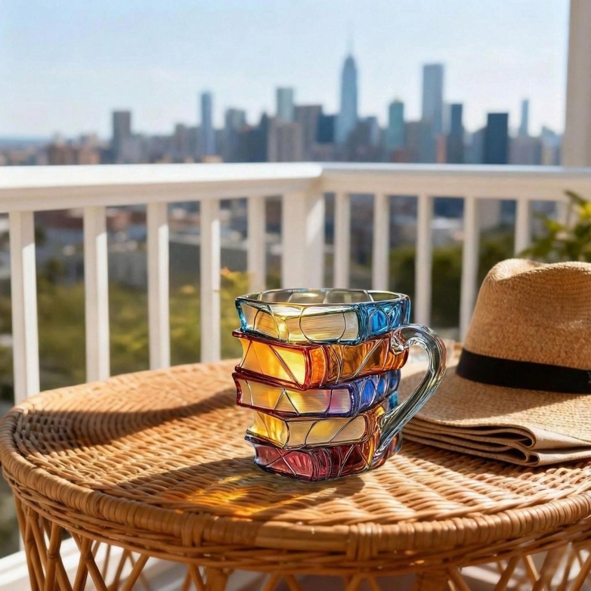 Literary Delight Glass Mug with Colorful Book Design