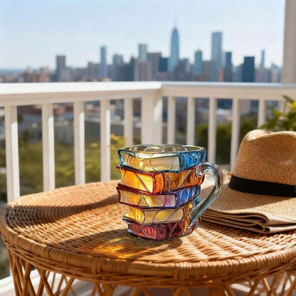 Literary Delight Glass Mug with Colorful Book Design