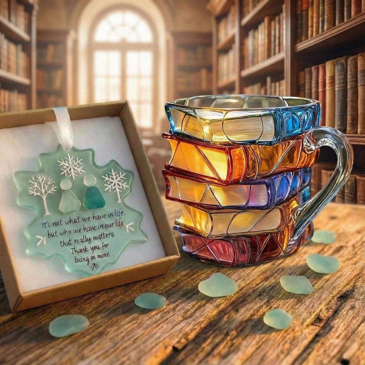 Literary Delight Glass Mug with Colorful Book Design