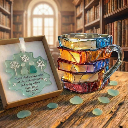 Literary Delight Glass Mug with Colorful Book Design