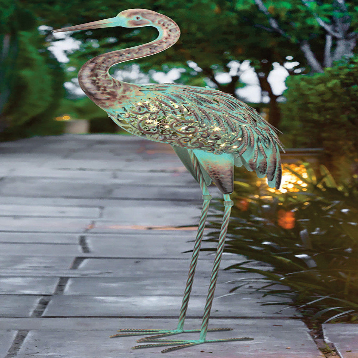 Illuminating Crane Garden Sculpture with Solar-Powered Lights, 37in