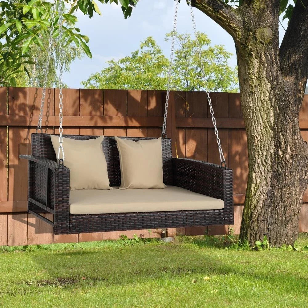 Cozy Duo Rattan Swing Chair with Cushions and Hanging Chains