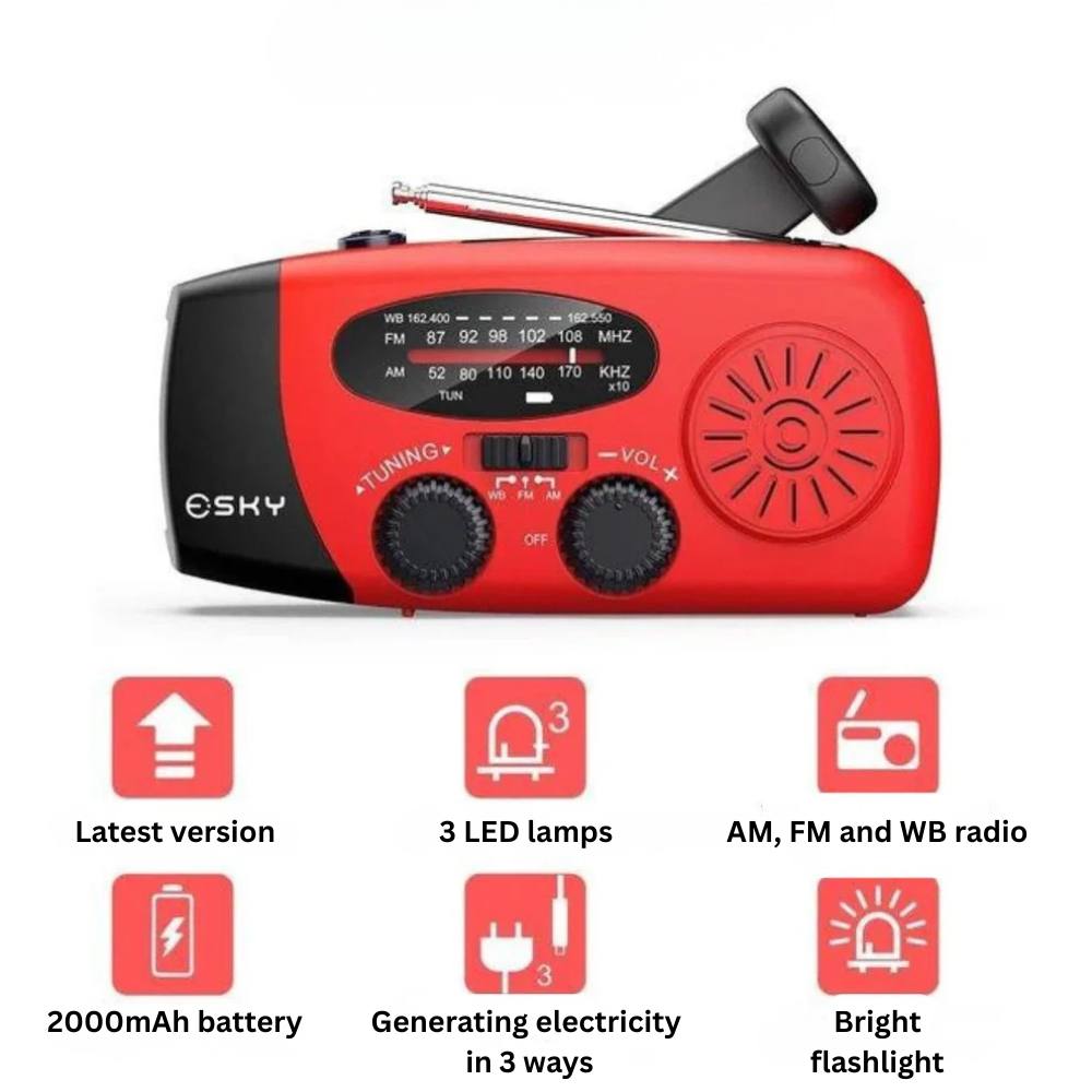 All-in-One Emergency Radio with Solar, Crank, and USB Power