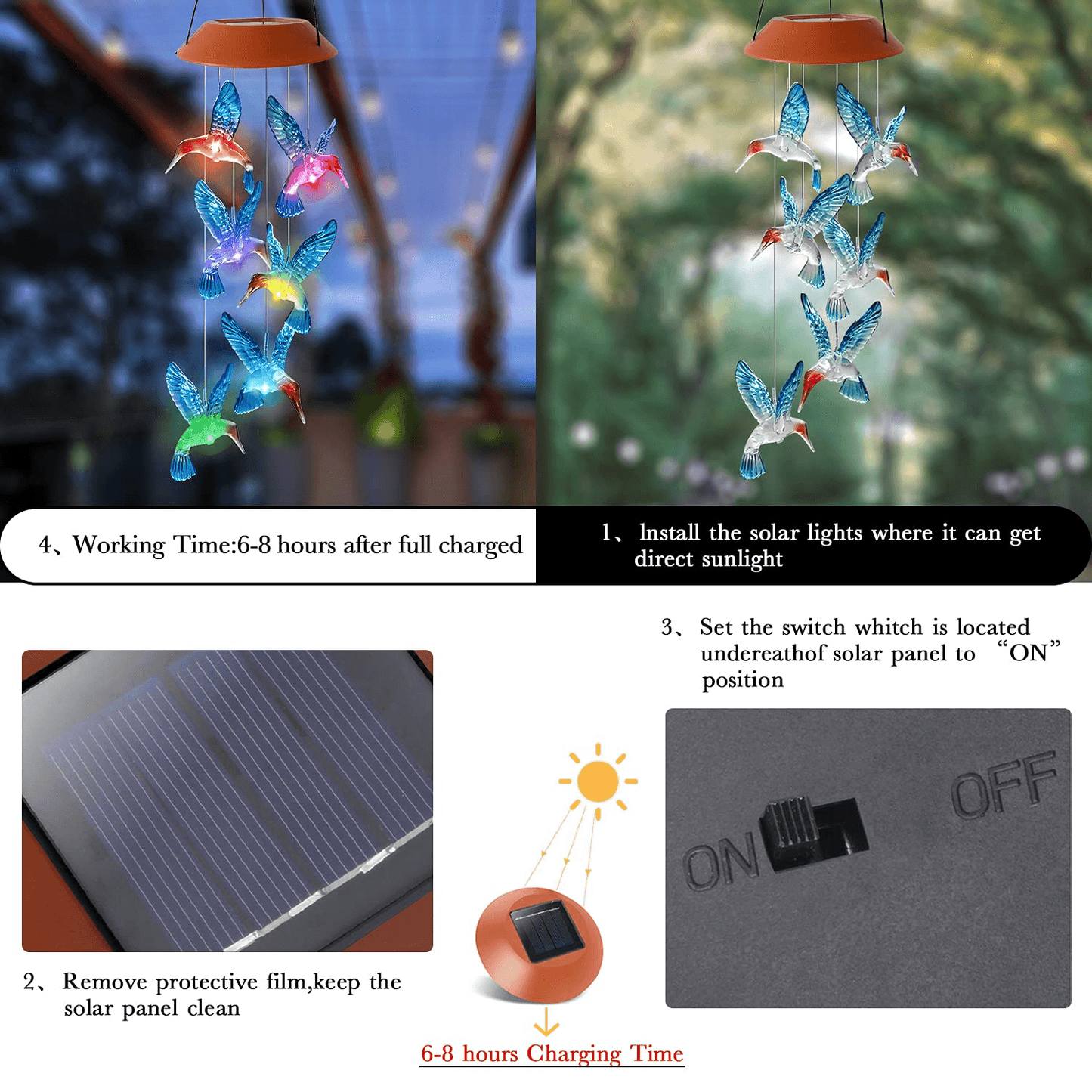 Color-Changing Solar Hummingbird Wind Chime for Garden
