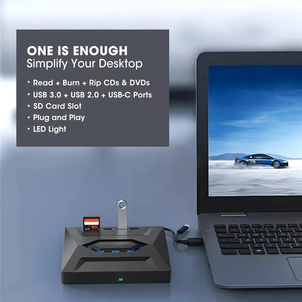 All-in-One External CD/DVD Burner with SD Card & USB Reader