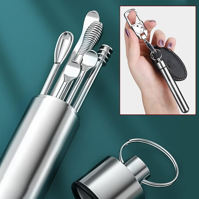 All-in-One Stainless Steel Ear Cleaning Tool Set with Keychain Case