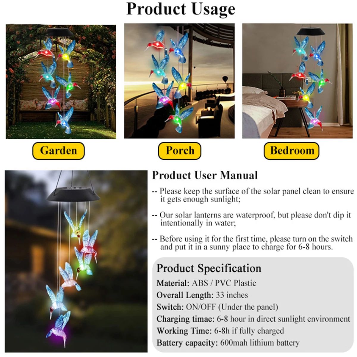 Color-Changing Solar Hummingbird Wind Chime for Garden