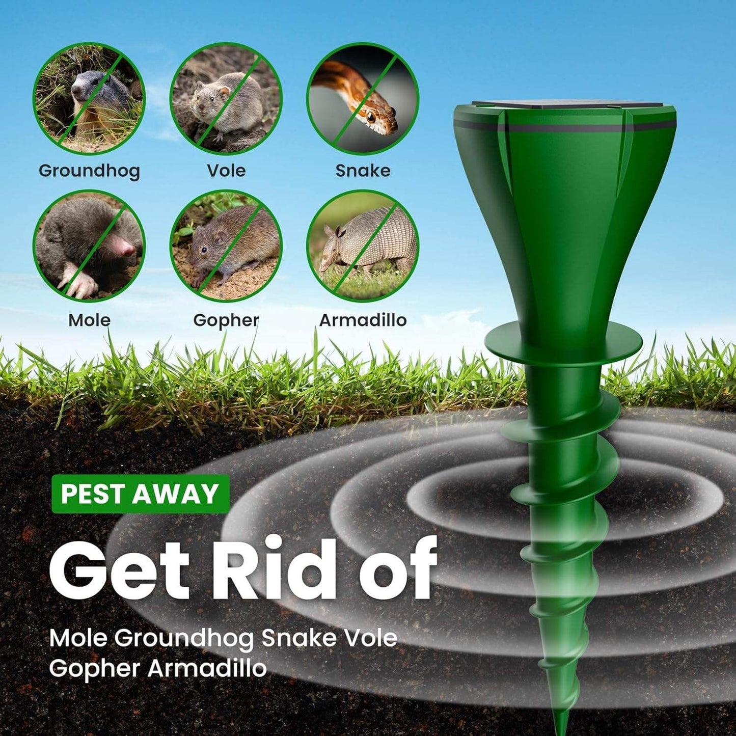 Solar-Powered Ground Stake Pest Deterrent with Battery Backup