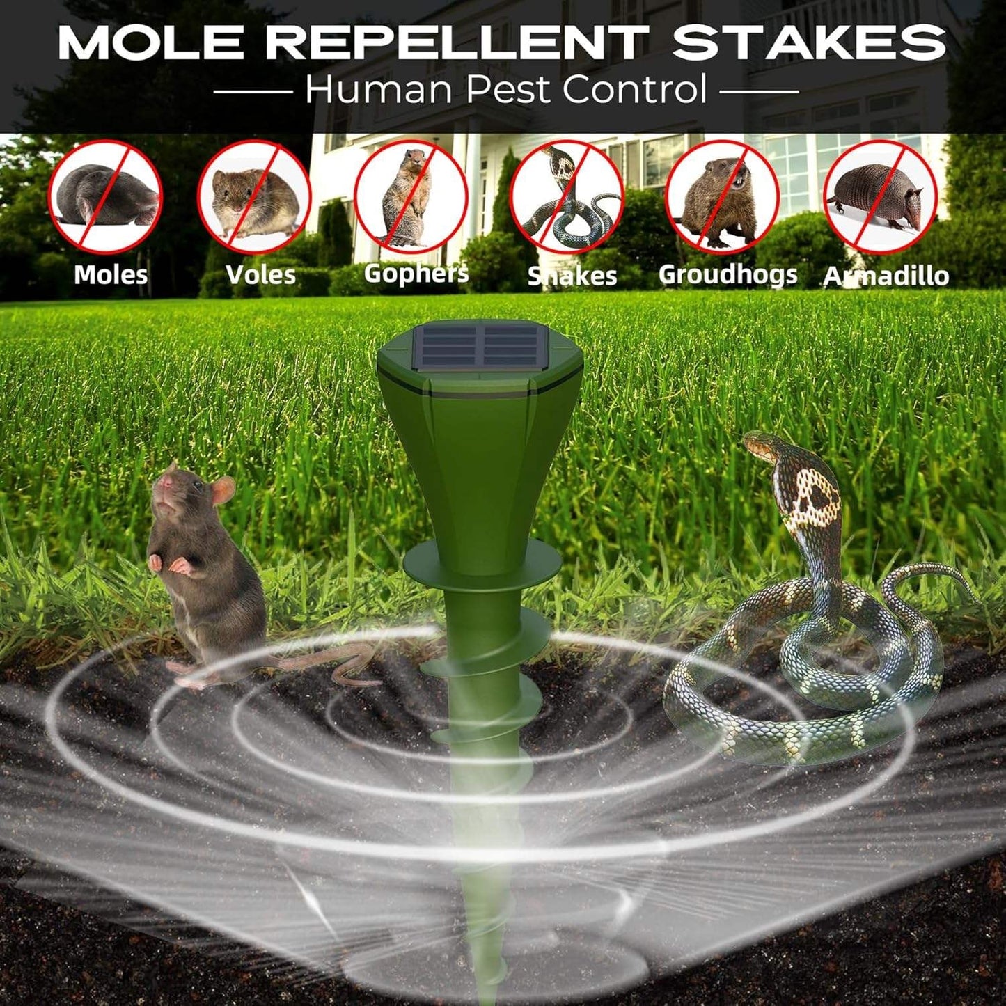Solar-Powered Ground Stake Pest Deterrent with Battery Backup