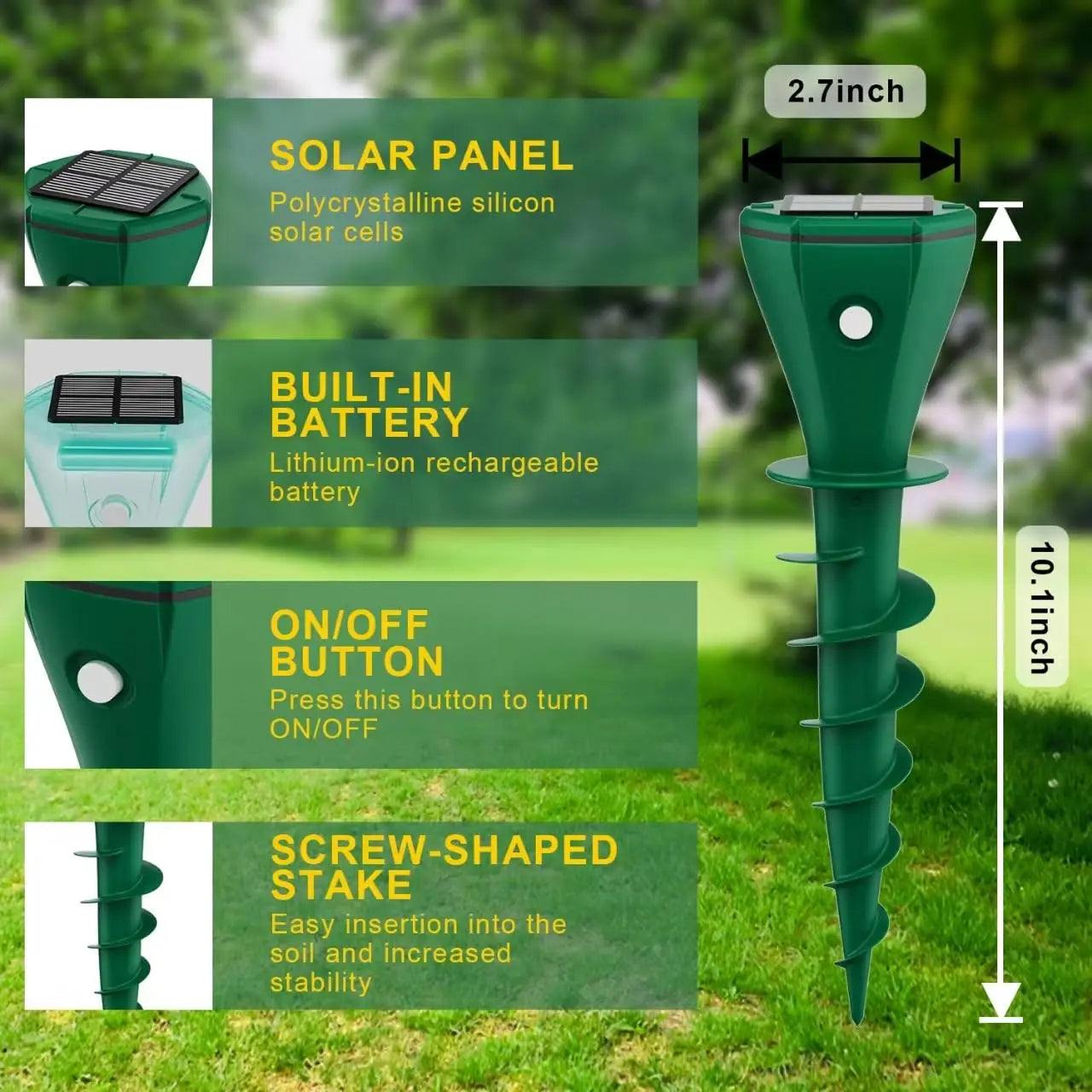 Solar-Powered Ground Stake Pest Deterrent with Battery Backup