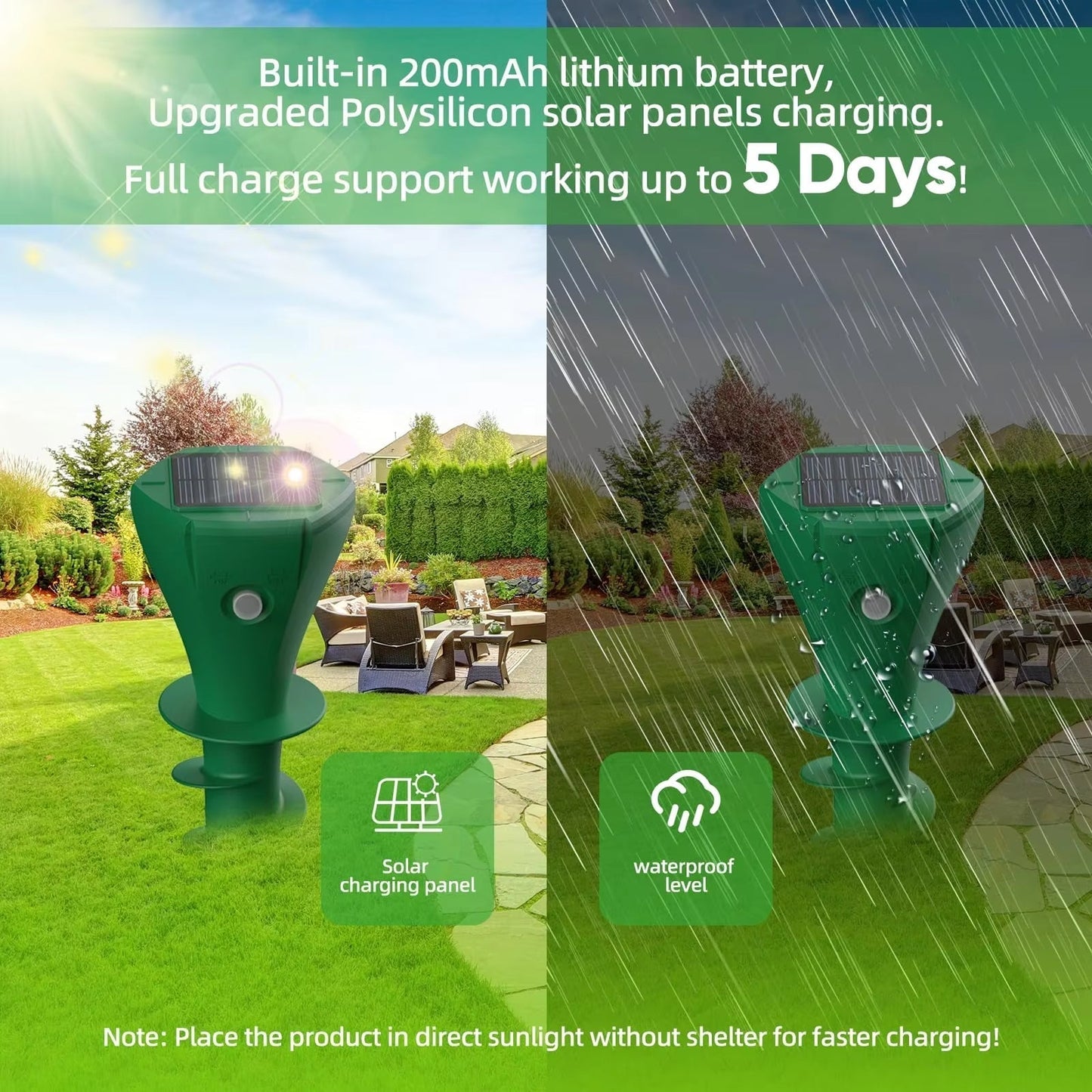 Solar-Powered Ground Stake Pest Deterrent with Battery Backup
