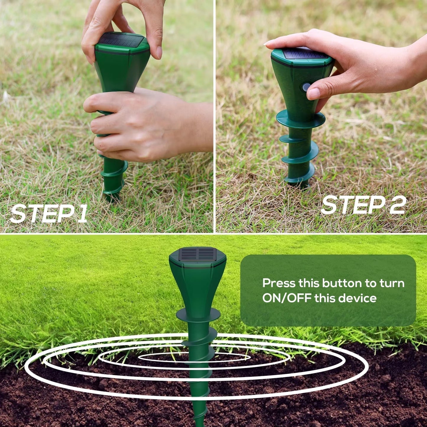 Solar-Powered Ground Stake Pest Deterrent with Battery Backup